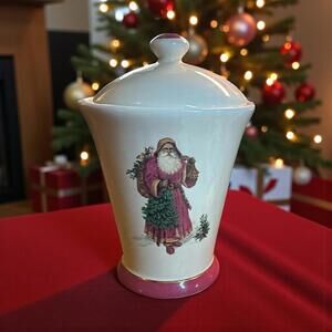 Hallmark Christmas Candle Holder Ceramic Jar Lid Santa Father Christmas Holly 6"